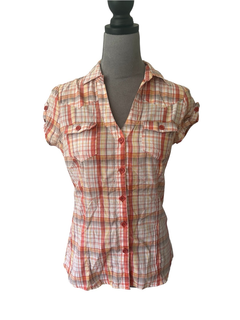 Wet Seal Orange Multi Plaid Short-Sleeve Button-Down Shirt